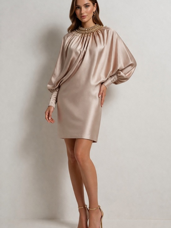 Trina Turk Dresses & Skirts - Trina Turk Champagne Satin Beaded High-Neck Mini Dress